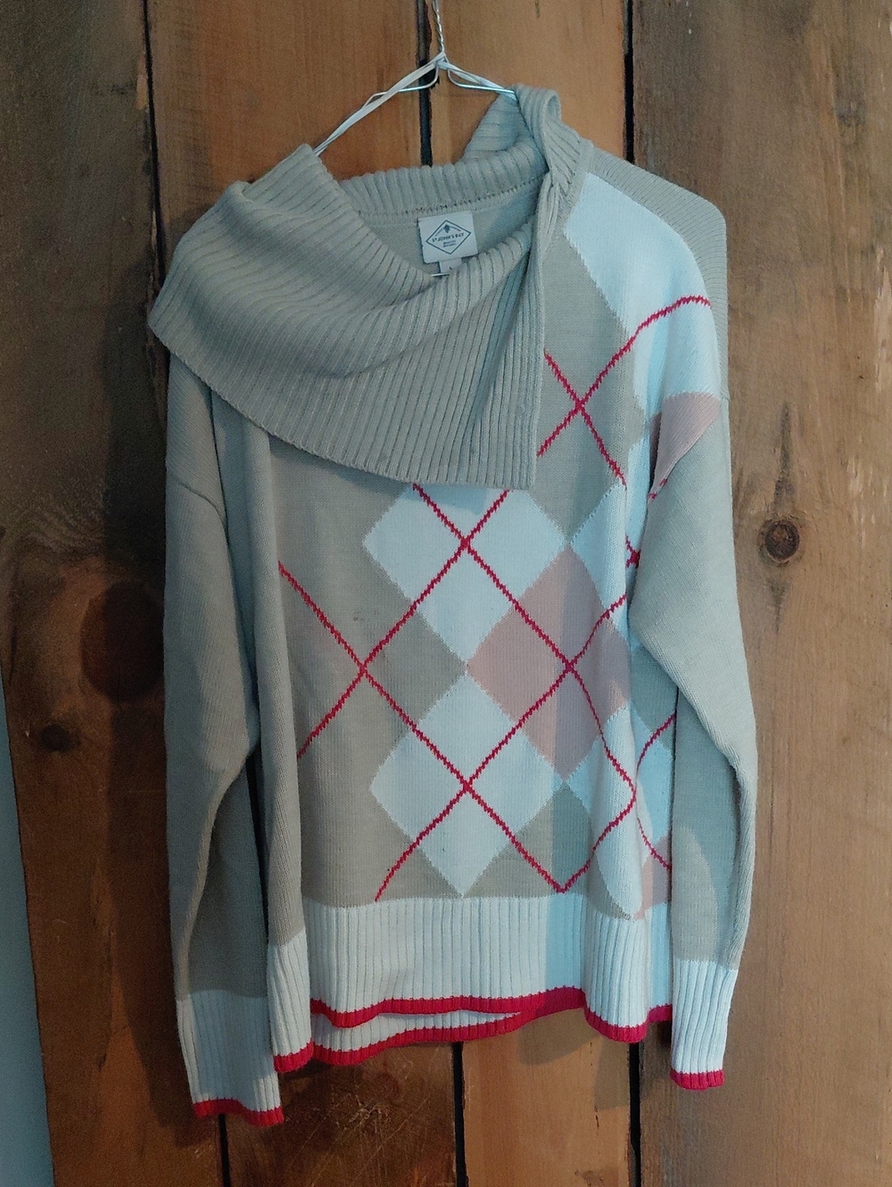 St. John's Bay Tan & Pink Argyle Funnel Neck Sweater